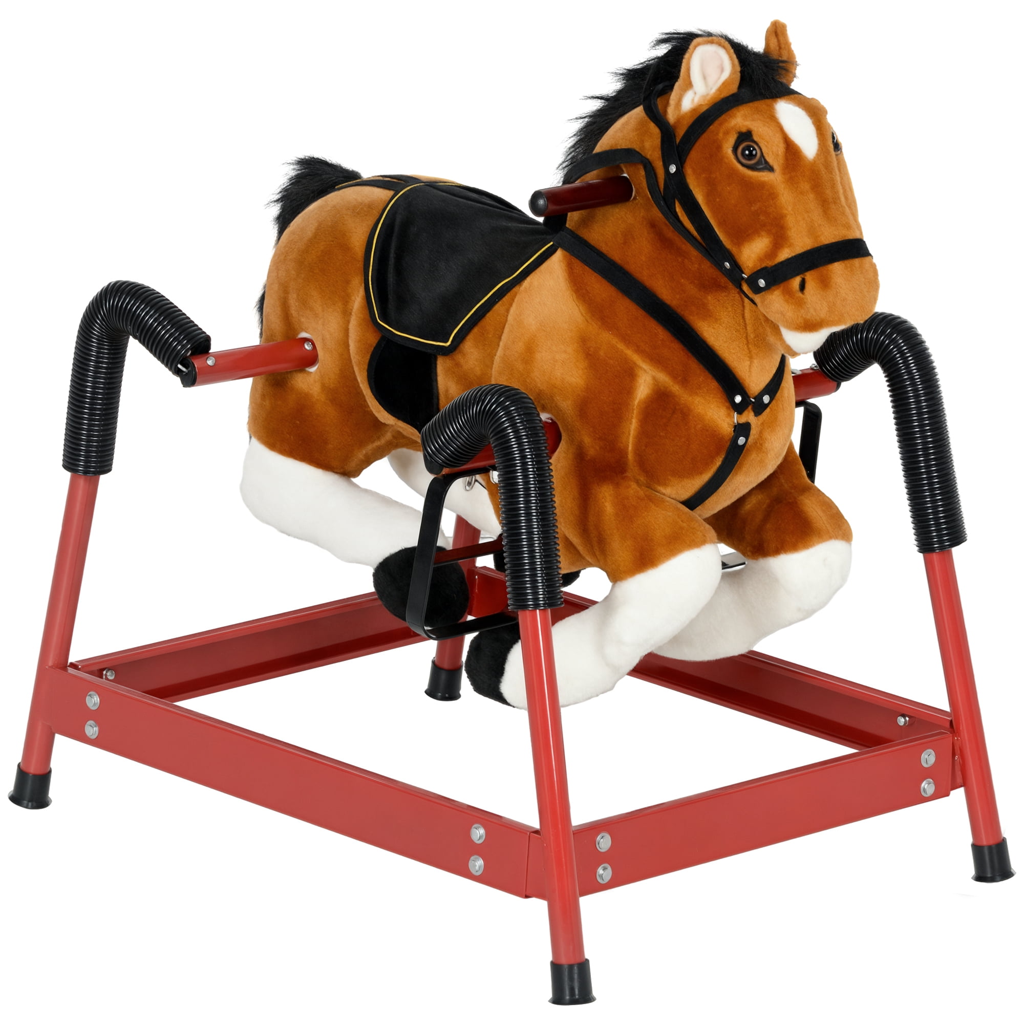 Qaba Spring Ride On Horse - Rocking Horse with Sounds & Plush Body - Kids Toy, Brown - Supports Up to 132 lbs