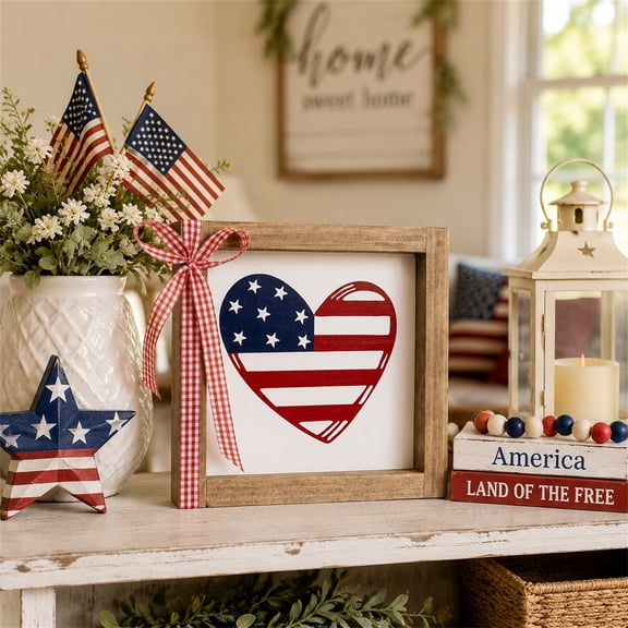 Farmhouse Patriotic Wall Decor Wooden Frame Heart American Flag Sign, 6 Inch Rustic USA Independence Day Home Decoration, Tabletop Shelf Desk Ornament Gift for July 4th Holiday