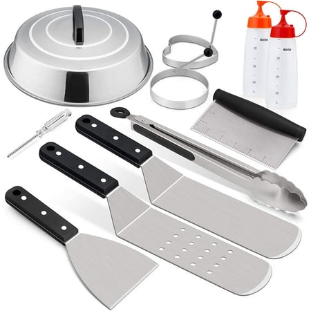 

Griddle Accessories Set Stainless Steel Griddle Tools Kit of 10 for Flat Top Teppanyaki BBQ Cooking Camping 12” Melting Dome Metal Spatulas Griddle Scrapers Tong Egg Rings Bottles