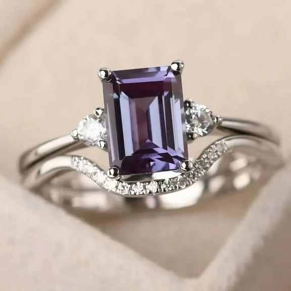 Divine_creation 2.00 Ct Emerald Cut Purple Amethyst Womens Wedding Bridal Ring Set 14K White Gold Plated 925 Sterling Silver -5.5