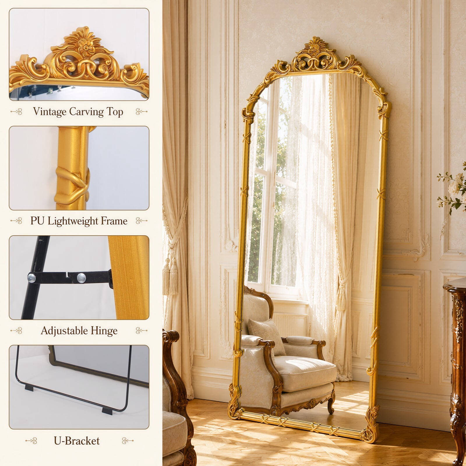 Easy4Home 69"x28" Arched Full-Length Floor Mirror Baroque Scroll Carved Standing Mirror, Bright Gold
