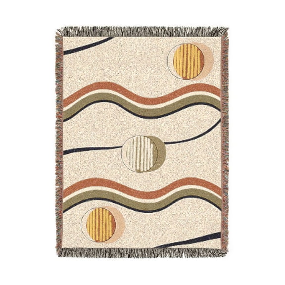 Retro Abstract Waves and Circles Beige Rust Woven Throw Blanket, 100% Cotton, Mid-Century Style for Home Decor