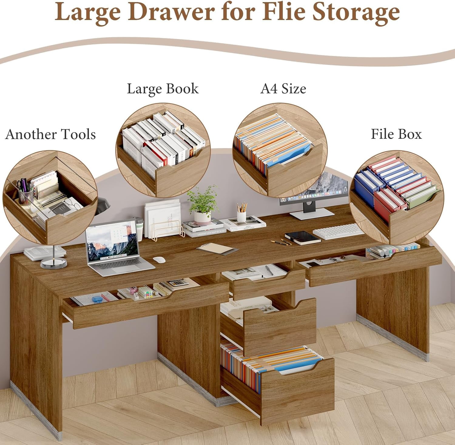 DreamCurship 78 inch Two Person Desk with 5 Drawers, Computer Desk with Storage for 2 People, Home Office Workstation Desk, Modern Writing Table, Brown