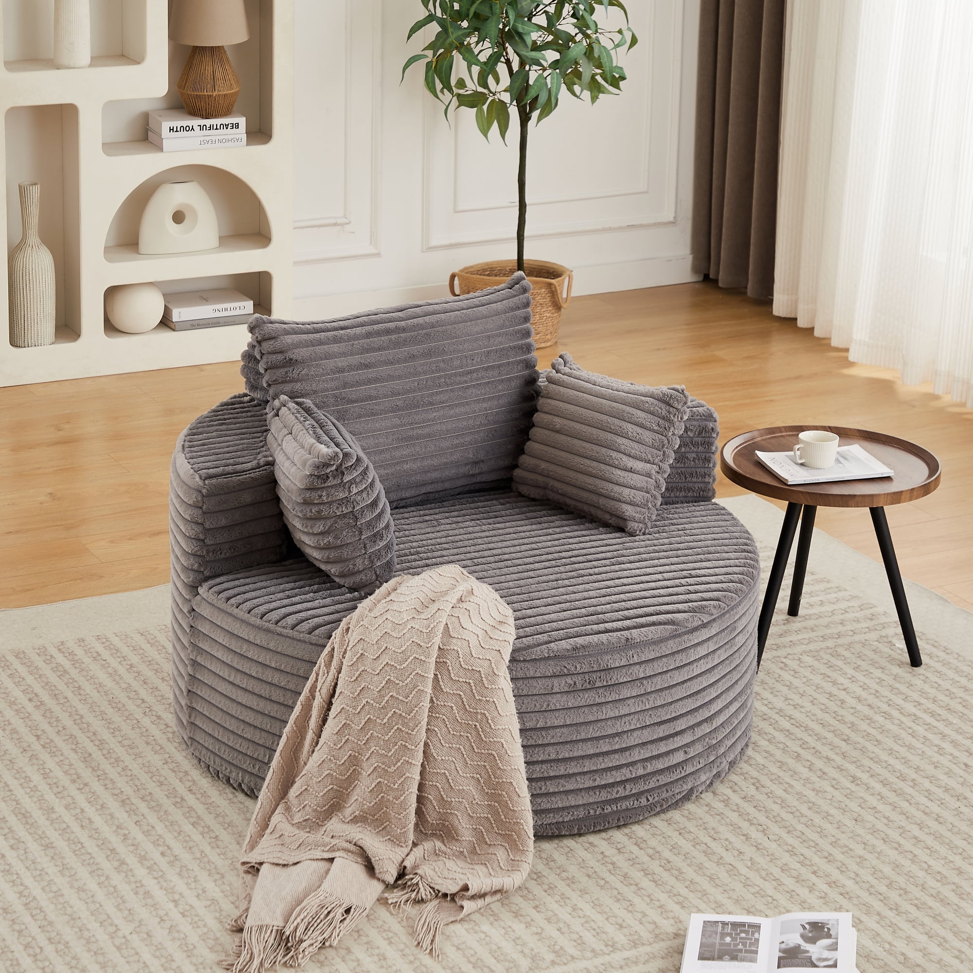 Leumius Oversized Round Chair Lounge Chaise Indoor,50" Upholstered Corduroy Deep Seat Single Cloud Sofa Chair, Fluffy Modern Large Circle Boneless Sleeper Sofa for Living Room, Bedroom,Gray