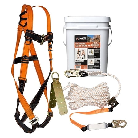 50’ Roofer's Safety Bucket Kit – Warthog Pass-Thru Safety Harness, Reusable Roof Anchor, and 50’ Vertical Lifeline Assembly, OSHA/ANSI Compliant