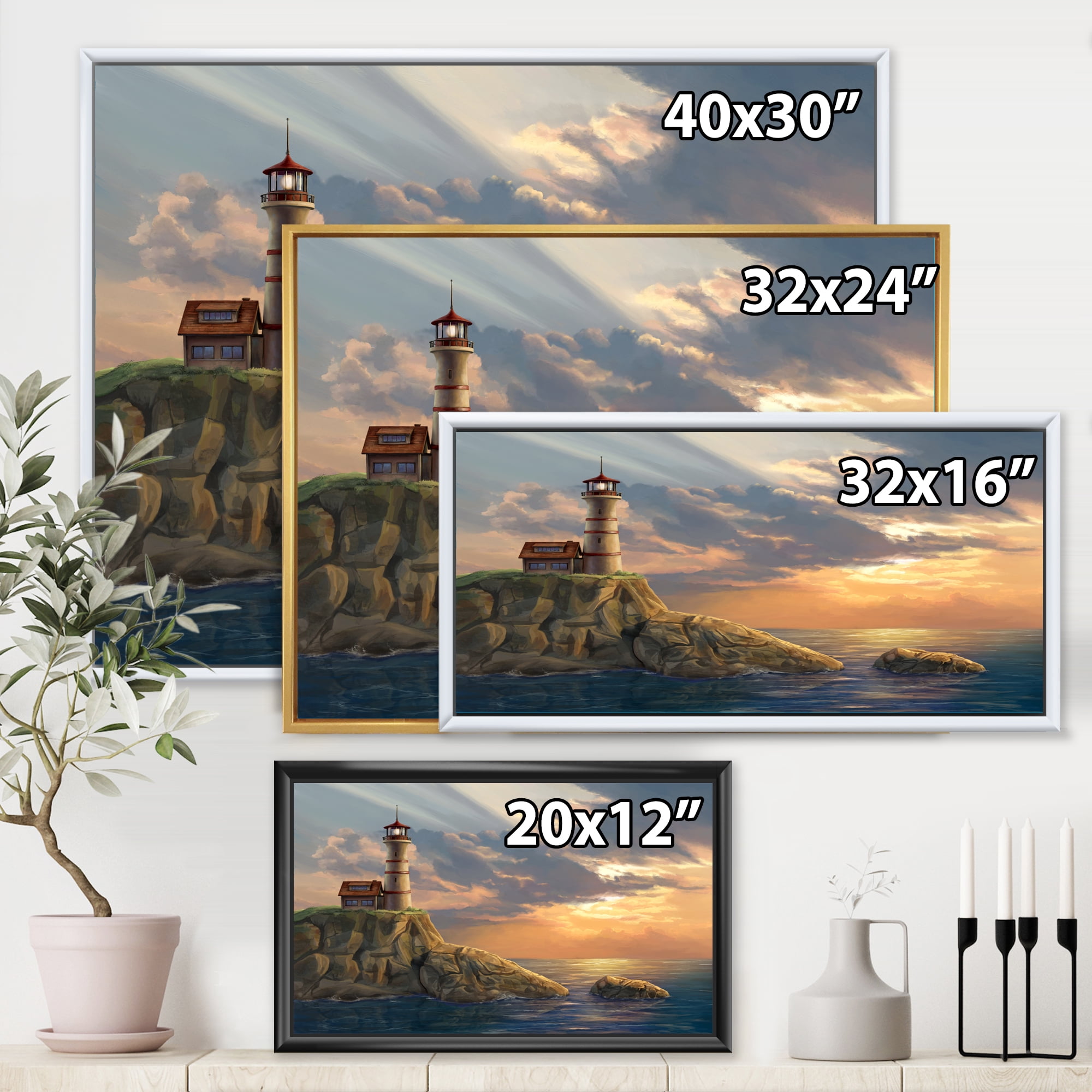 Lighthouse On A Rocky Coastal Cliff At Evening Light 32 in x 24 in Framed Painting Canvas Art Print, by Designart