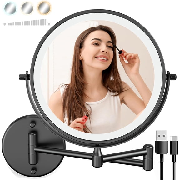 Wall-mounted Lighting Makeup Mirror, Vanity Mirror with Lights1x/10x, 3-color Light Touch Screen Dimming, 360 Rotation, Extendable and Foldable (Black)