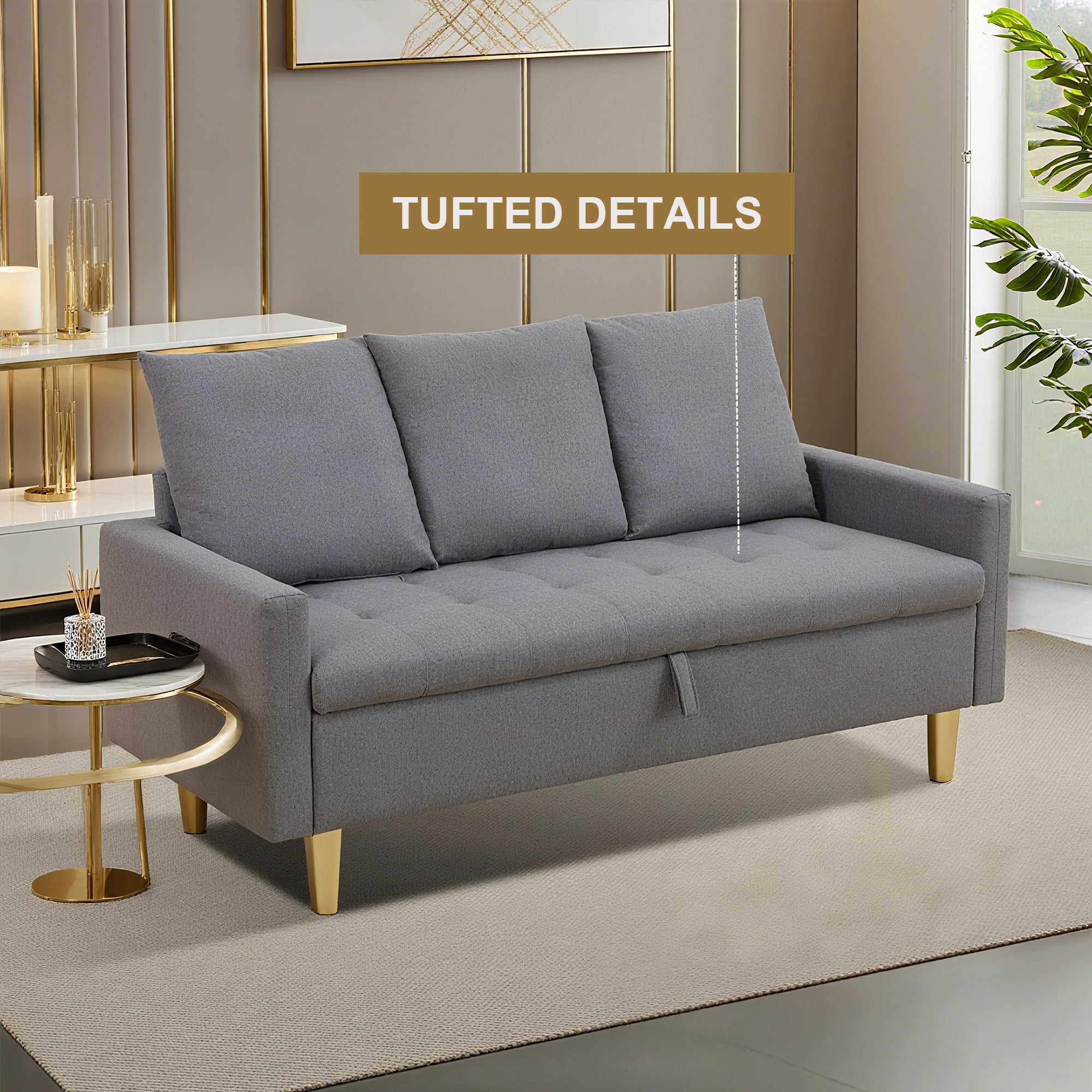 Aukfa 60" Small Sofa Couch with Storage Seat for Living Room, Bedroom, Linen, Gray