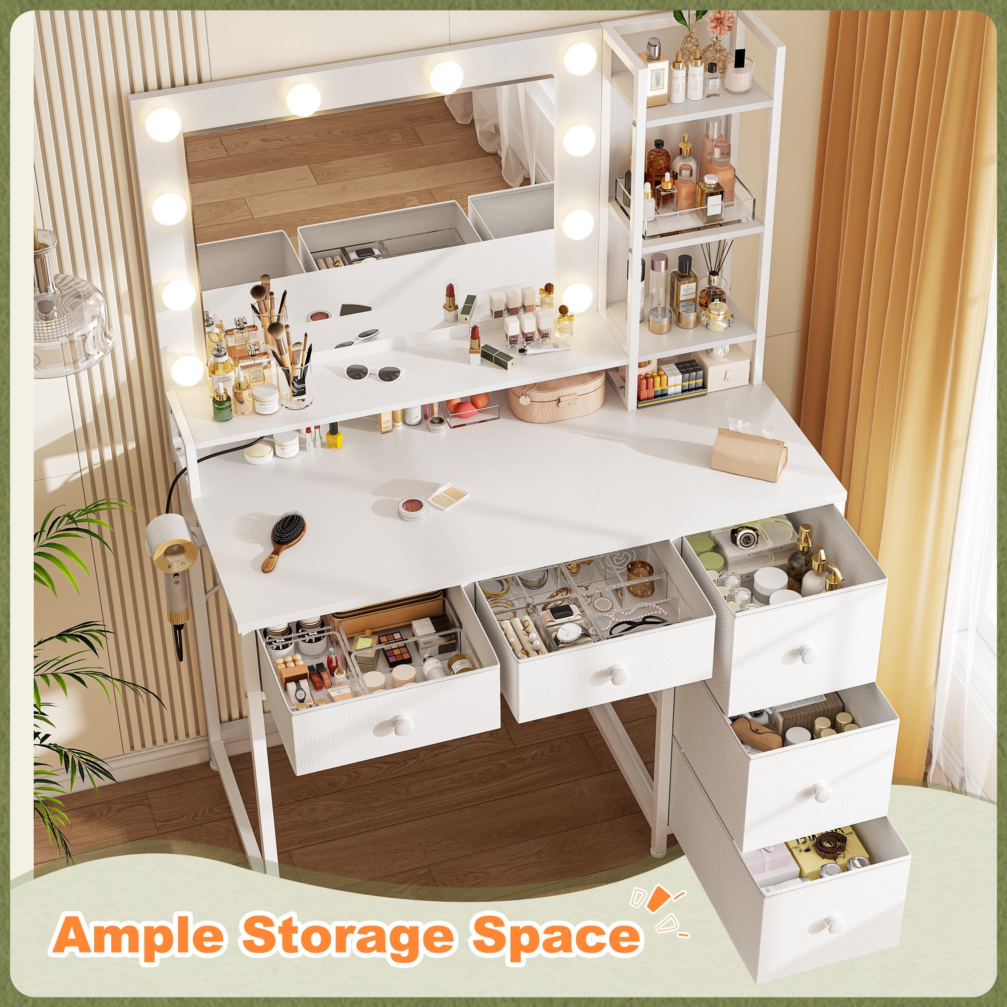 White Vanity with Mirror and Lights Makeup Vanity Desk with 5 Fabric Drawers Dressing Table with Storage Drawers for Bedroom