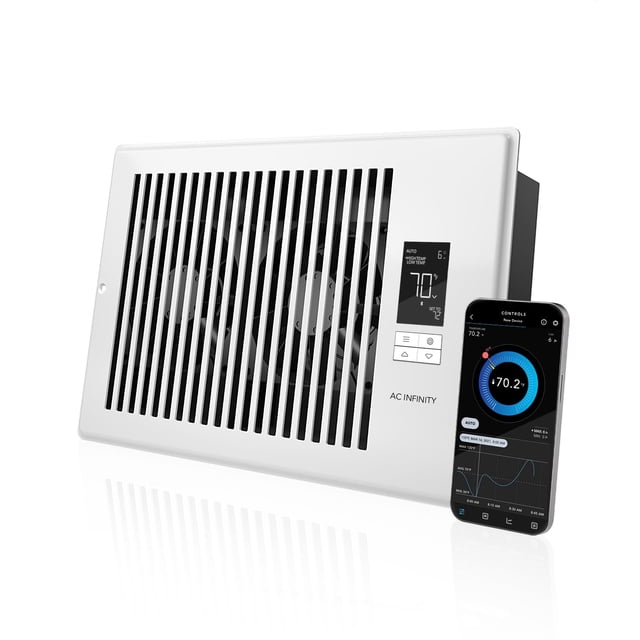 ventilador register booster ac infinity airtap t6 blanco 6x10 cm 3/4 frontal de un ventilador de registro blanco 6x10 cm con rejilla de lamas verticales, placa frontal de aluminio anodizado con mecanizado CNC, pantalla digital y controles táctiles visibles, logo AC Infinity y un teléfono que muestra la app Bluetooth para control y gráficos; también es adecuado para aumentar flujo de aire en registros con flujo débil.