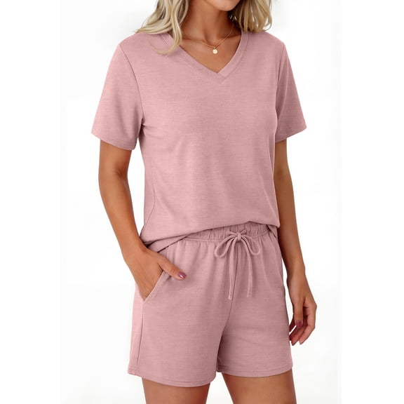 Sundazz 2 Piece Short Sets for Women Summer V Neck Lounge Sets Summer Outfits with Pockets