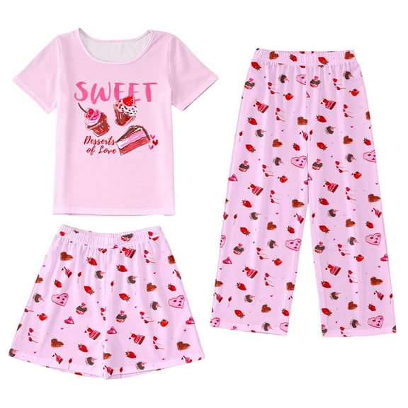 Pajamas for Kids Girls Size 14-16 Short Sleeve Pajamas for Girls Toddler Cute Cartoon Clothes Breathable Sleepwear 3PCS Kids Summer Trendy Sleepwear Clothes Set