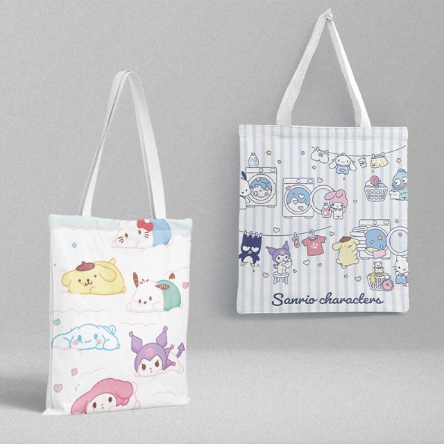 Sanrio-Bolso de mano de lona con dibujos animados para mujer, bolsa de compras de Hello Kitty, Kuromi Cinnamoroll, con bolsillo para archivo, monedero Kawaii