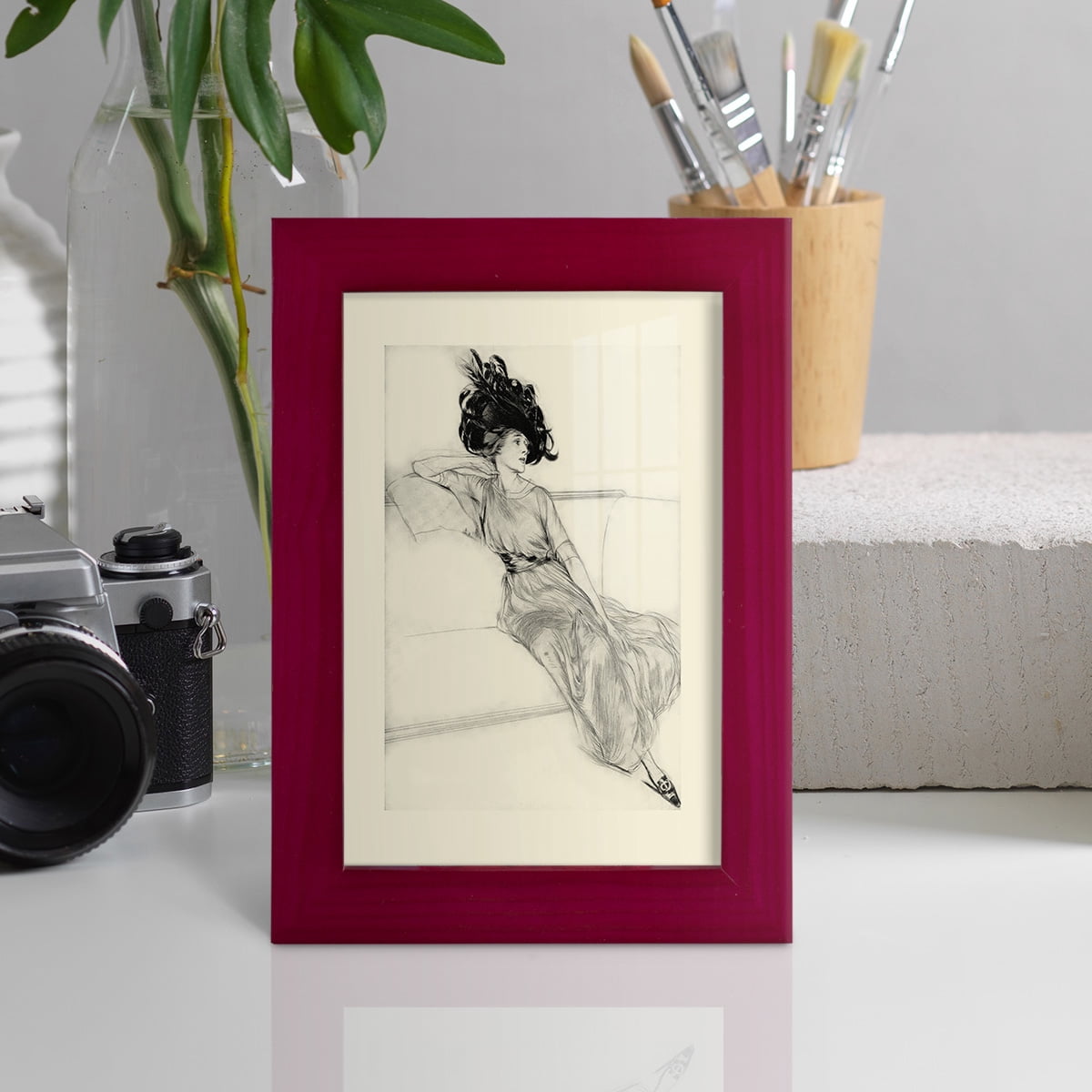 Feather Hat I -Framed Print w/glass-Cherry Red