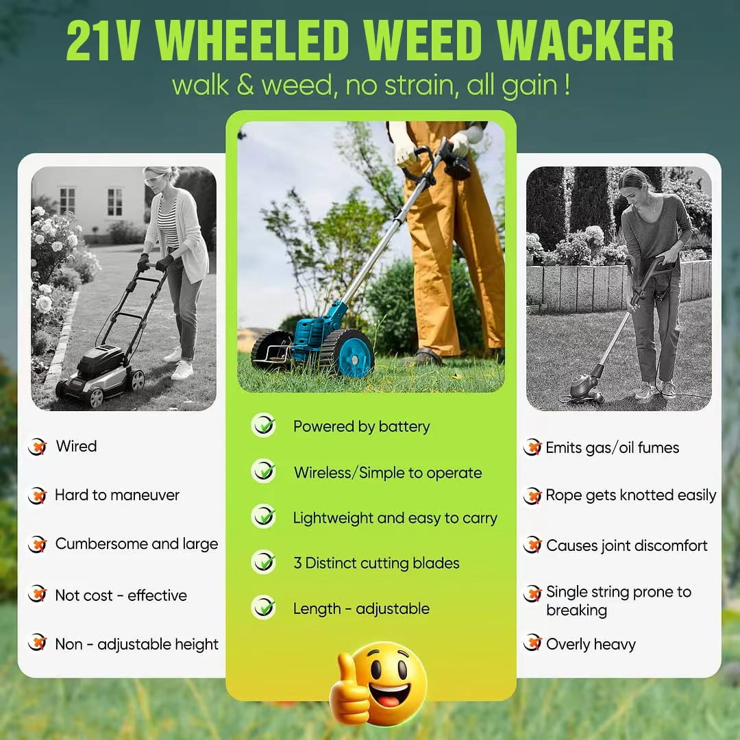 Weed Wacker Cordless Adjustable Weed Eaters wheel mower3 in 1 Electric String Trimmer Lawn with Two Battery with Charger Comes with Multiple Blades for Yard,Green,Garden gifts for Dad