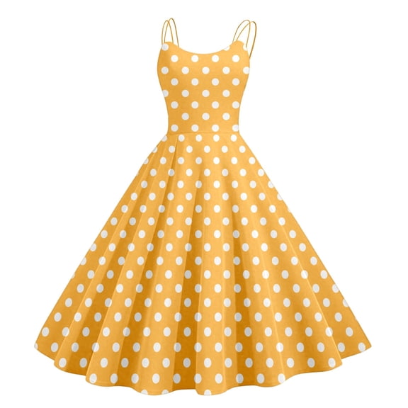 DHFJKG Summer Dresses Women Polka Dot A Line Midi Dress Casual Spaghetti Straps Party V Neck Flowy Retro Stylish Dresses