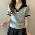 thumbnail image 3 of Women's V Neck Collared Tops Colorblock Casual Trendy Tshirts Blouses Loose Fit Short Sleeve Summer Clothes (M, Gray), 3 of 5