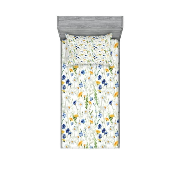 Ambesonne Nature Fitted Sheet & Pillow Sham Set, Poppies Daisies Rural, Twin, Pale Green Yellow Blue