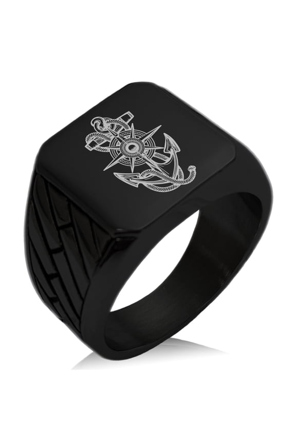 Stainless Steel Nautical Compass Dial & Anchor Geometric Pattern Biker Style Polished Ring
