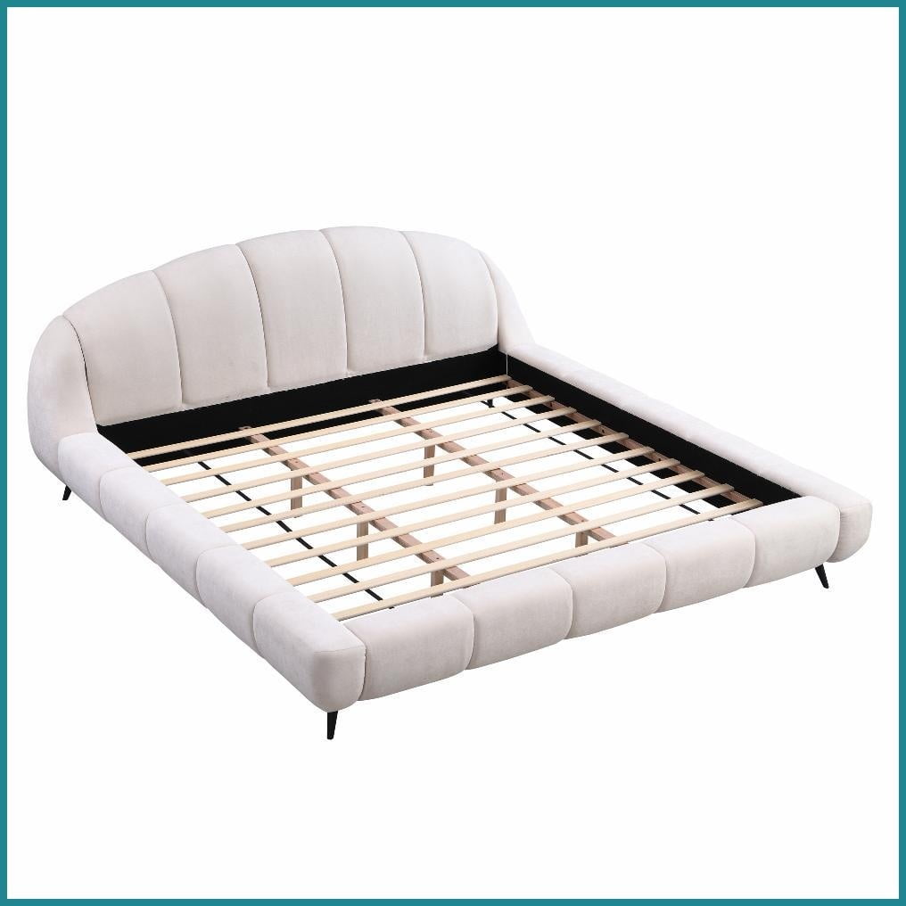 King Size Beige Chenille Upholstered Platform Bed Frame - Solid Rubberwood, No Box Spring Needed, Silent for Master Bedroom