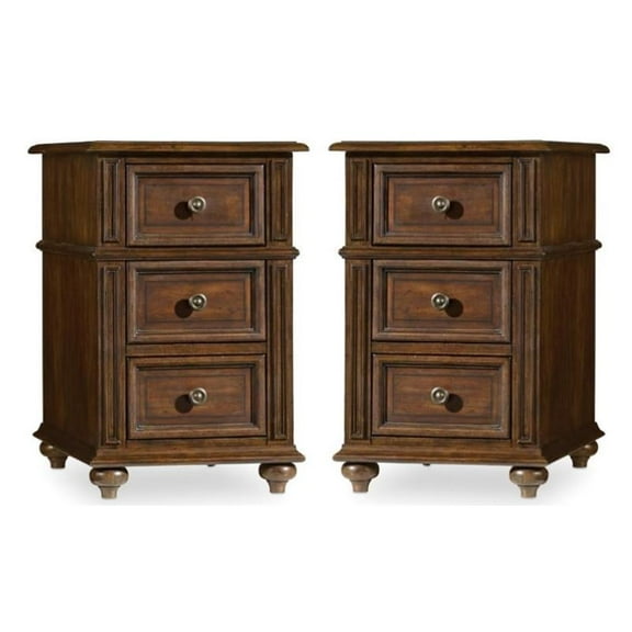 Home Square Three Drawers Wood End Table in Mahogany - Set of 2