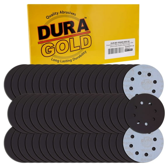Dura-Gold Premium 5" 8-Hole Wet or Dry Sanding Discs - 800 Grit, Box of 50 - High-Performance Sandpaper Discs with Hook & Loop Backing, Fast Cutting Silicon Carbide, Color Sanding, Car Auto Polishing