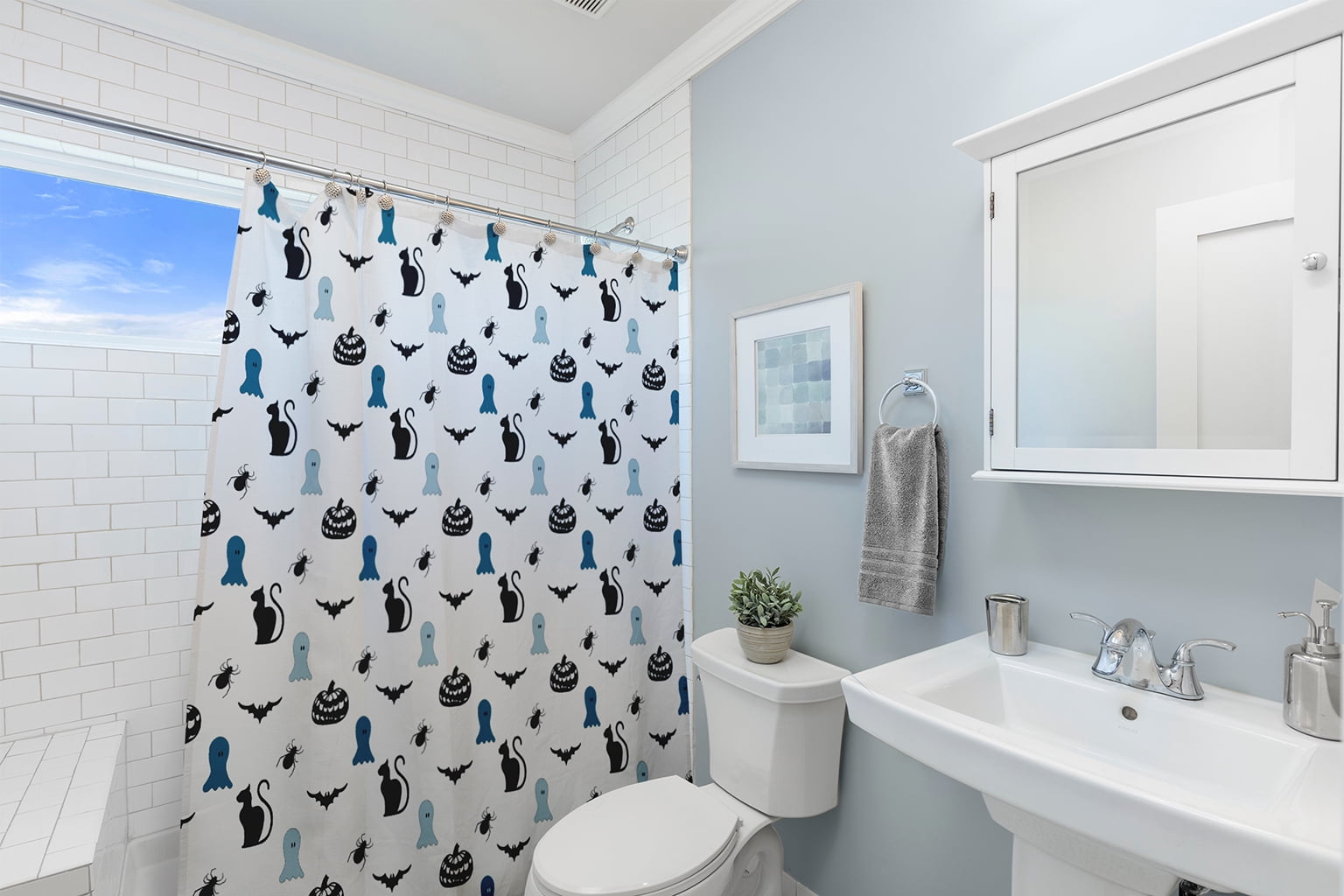 Simply Daisy 70" W x 73" L Halloween Halloween Critters Polyester Shower Curtain, Unreal Teal [1 Ct]