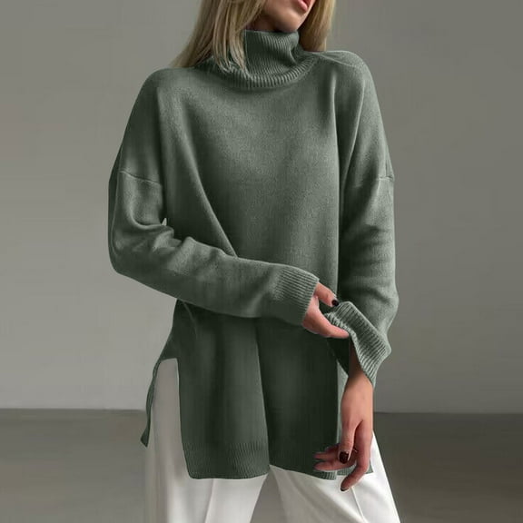 Amidoa Green Women Sweater Long Turtleneck Long Sleeve Dressy Side Split Solid Sweaters Cardigans for Women L
