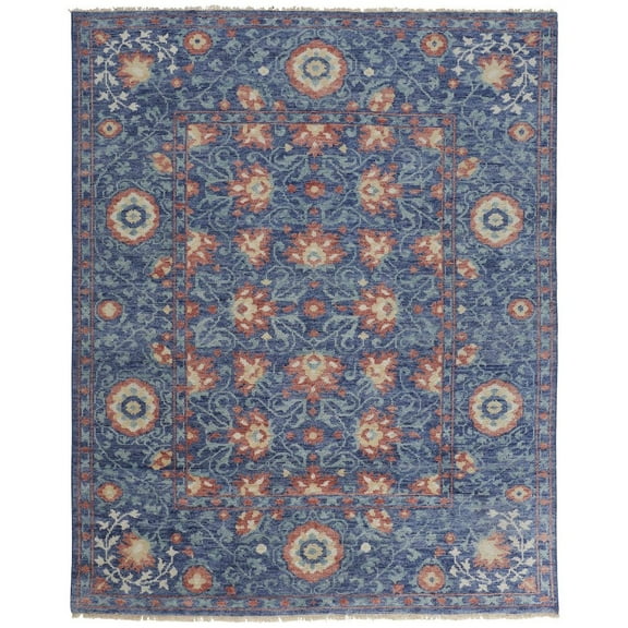 HomeRoots 4' X 6' Blue And Red Wool Floral Hand Knotted Stain Resistant Area Rug