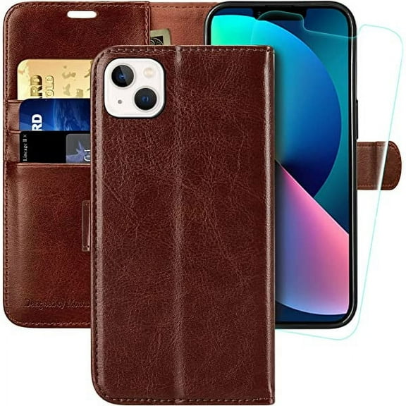 MONASAY Wallet Case Compatible for iPhone 14 5G,[Glass Screen Protector Included] [RFID Blocking] Flip Folio Leather Cell Phone Cover with Credit Card Holder，6.1-inch