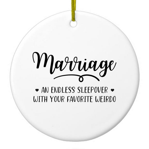 DistinctInk Hanging Ceramic Christmass Tree Ornament with Gold String - Great Gift / Present - 2 3/4 inch diameter - Marriage - Endless Sleepover with Favorite Weirdo