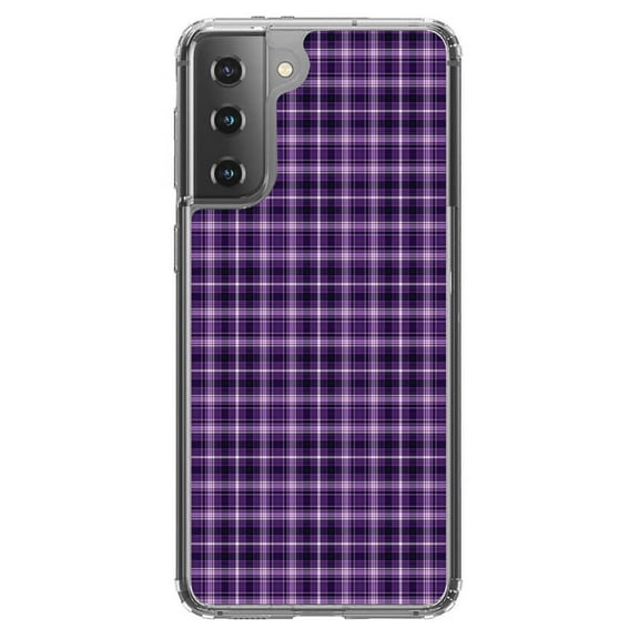 DistinctInk Clear Shockproof Hybrid Case for Galaxy S21 5G (6.2" Screen) - TPU Bumper, Acrylic Back, Tempered Glass Screen Protector - Purple Black Plaid