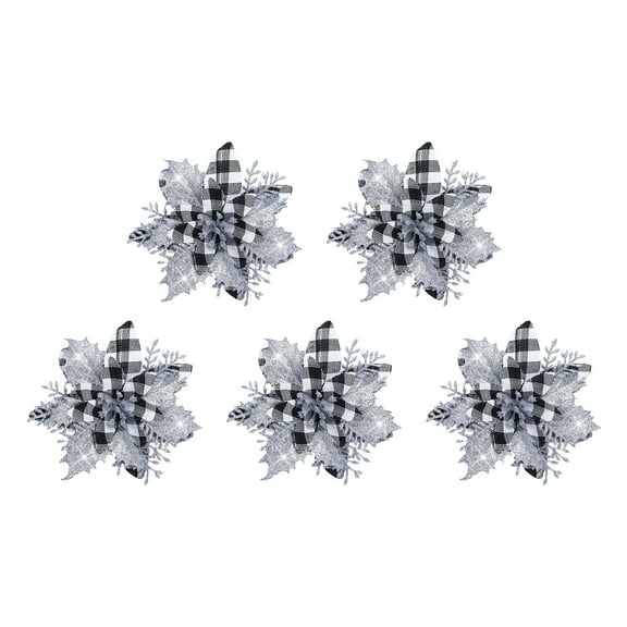 Leodye 5 Pieces Christmas Poinsettia Flower Christmas Glitter Artificial Flower with Clip Xmas Tree Ornament for Home Wreath Garland Party Decor -5.12in