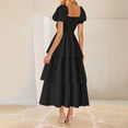 thumbnail image 3 of Womens Square Neck Smocked Dress Summer Puff Short Sleeve Casual Ruffle Tiered Maxi Wedding Guest Dresses, 3 of 5