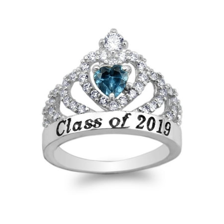 JamesJenny 925 Sterling Silver School Class of 2019 Graduation Blue 0.5ct Heart CZ Ring Size