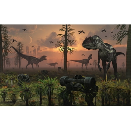 - A pack of carnivorous Allosaurus dinosaurs cause chaos after they have escaped from a futuristic dinosaur theme park Poster Print