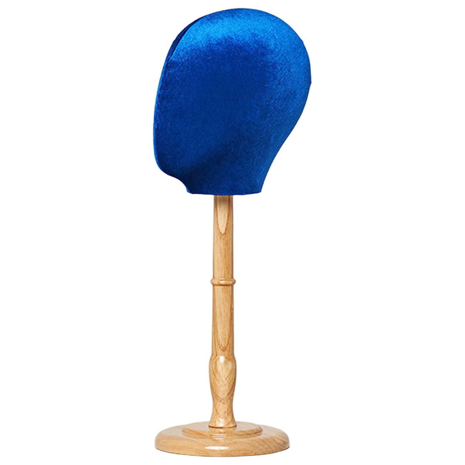 Hats Display Stand Mannequin Head Model Tabletop Caps Storage Rack with Wood Base for Beginner Stylist Home Salon Styling Drying Blue Tall Base