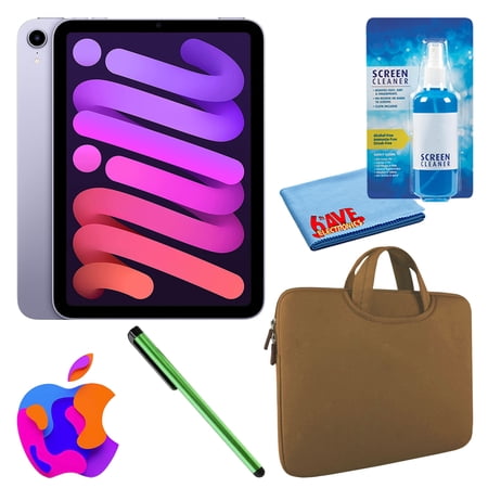 Apple iPad Mini 6 (2021, 64GB, Wi-Fi, Purple) (MK7R3LL/A) Bundle with Meerkat Brown Zipper Sleeve + Screen Cleaning Kit