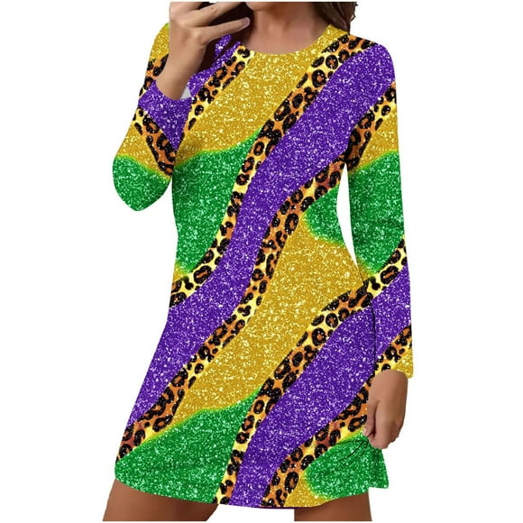Oksale Women's Mardi Gras Mini Nightgowns Soft Cozy Long Sleeve Loungewear Casual Crewneck Holiday Dress Breathable Lightweight Ladies Fashion Clothing Purple L
