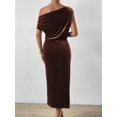 thumbnail image 2 of Mocha Brown Womens Mid-Length Off Shoulder Fitted Velvet Dress With Side Slit, 2 of 6