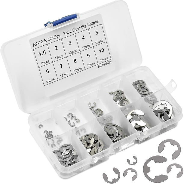 Paquete de 130 Kit de anillos de retención de anillo en E, surtido de anillos de retención de acero inoxidable tipo E de 1,5 mm-10 mm con caja de almacenamiento para taller, Diy Baobao