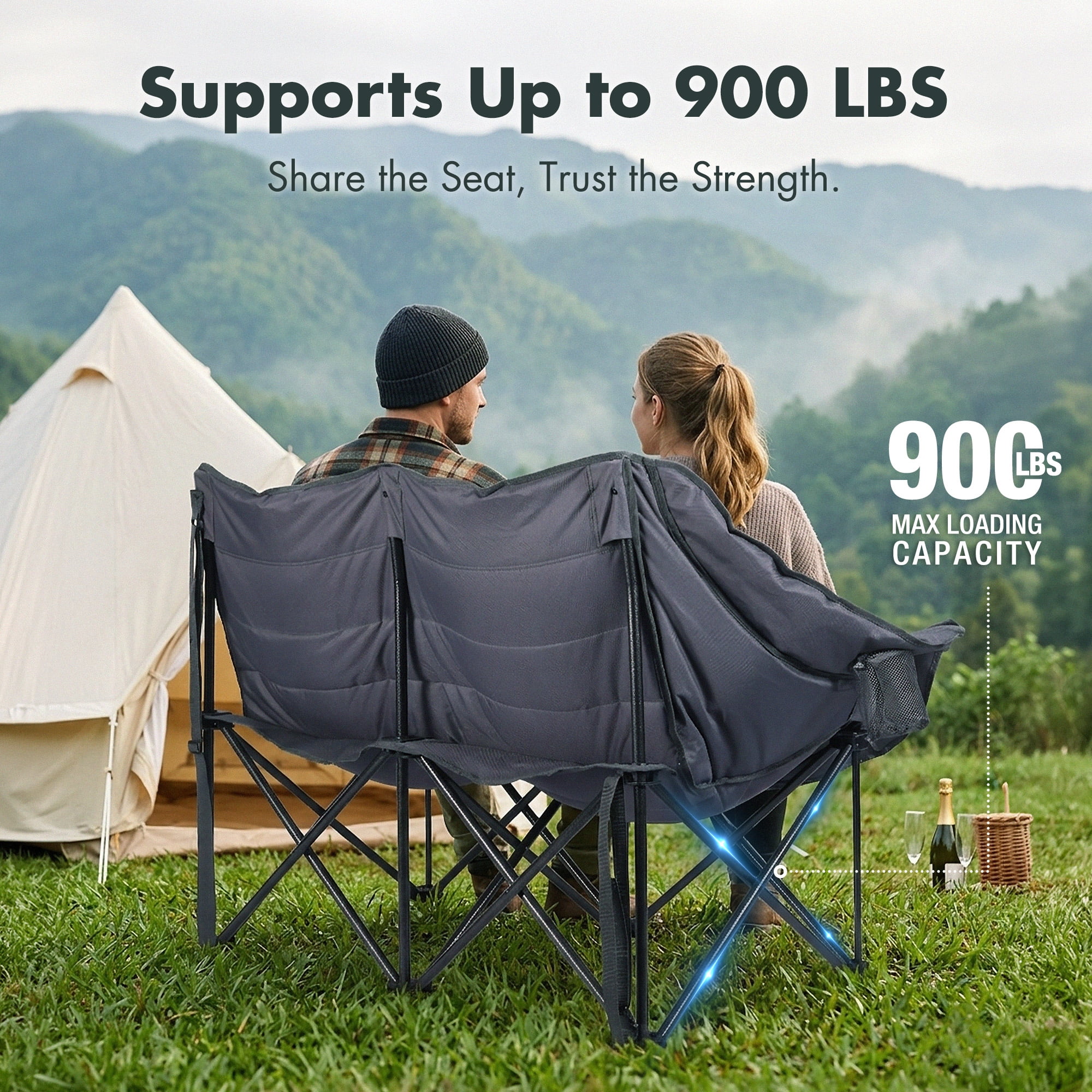 VILLEY Oversized Double Camping Chair, 800lbs Portable Folding Loveseat for Adults, Heavy Duty Suede Fabric, XL 2 Person Padded Chair with Cup Holders for Outdoor Camping, Lawn, Backyard