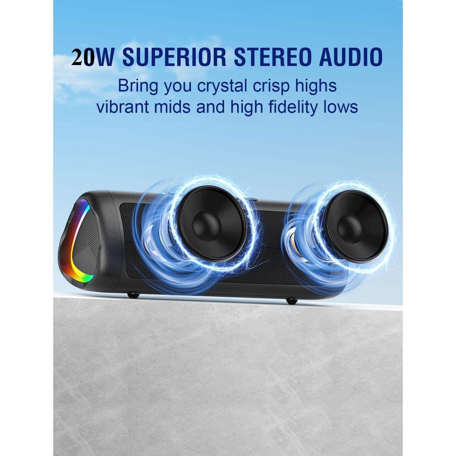 cooboom Bluetooth Speaker, HD Sound, Portable Wireless for Outdoor, IPX5 Waterproof, 20H Playtime, TWS Pairing.