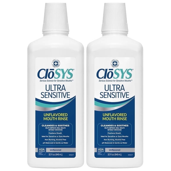 CloSYS Ultra Sensitive Mouthwash, Unflavored Alcohol Free, Dye Free, pH Balanced, Helps Soothe Entire Mouth - 32 Oz (Pack of 2)