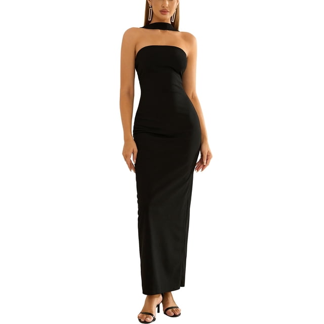 Vestido largo HTZMO elegante ajustado de verano con cuello halter negro S