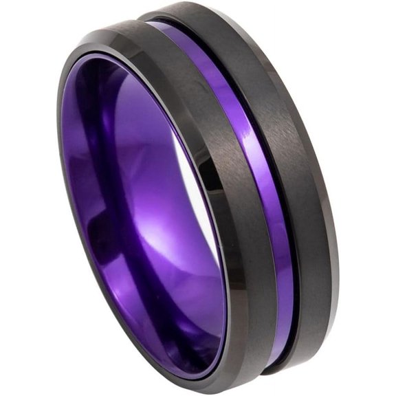 Ring for Men and Women Gifts With Thought Ring Black IP Plated, Grooved Center with Purple Anodized Aluminum Sleeve – 8mm Wedding Band Ring Ideal Rings for Couples