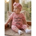 thumbnail image 5 of BemeyourBBs Newborn Baby Girl My First Fathers Day Outfit Baby Girl Summer Clothes Ribbed Romper Letter Embroidery Rose Print Short Sleeve Jumpsuit and Bow Headband 2Pcs Set, 5 of 9