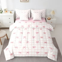 Homewish Girly Pink Plaid Twin Bedding Sets 7-Piece for Teens, Princess Cute Ribbon Bedding Comforter Set, Cartoon Bow Style Reversible Sheet Sets, Microfiber Bedroom Decor