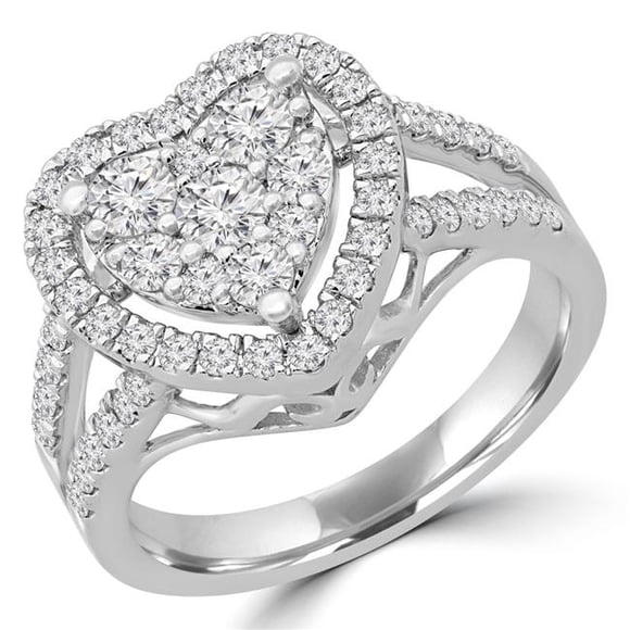 Majesty Diamonds MDR190066-3 Bague Cocktail Halo en Or Blanc 14K avec Grappe de Cœurs, Diamants Ronds 0,9 CTW, Corps Fendu, Taille 3