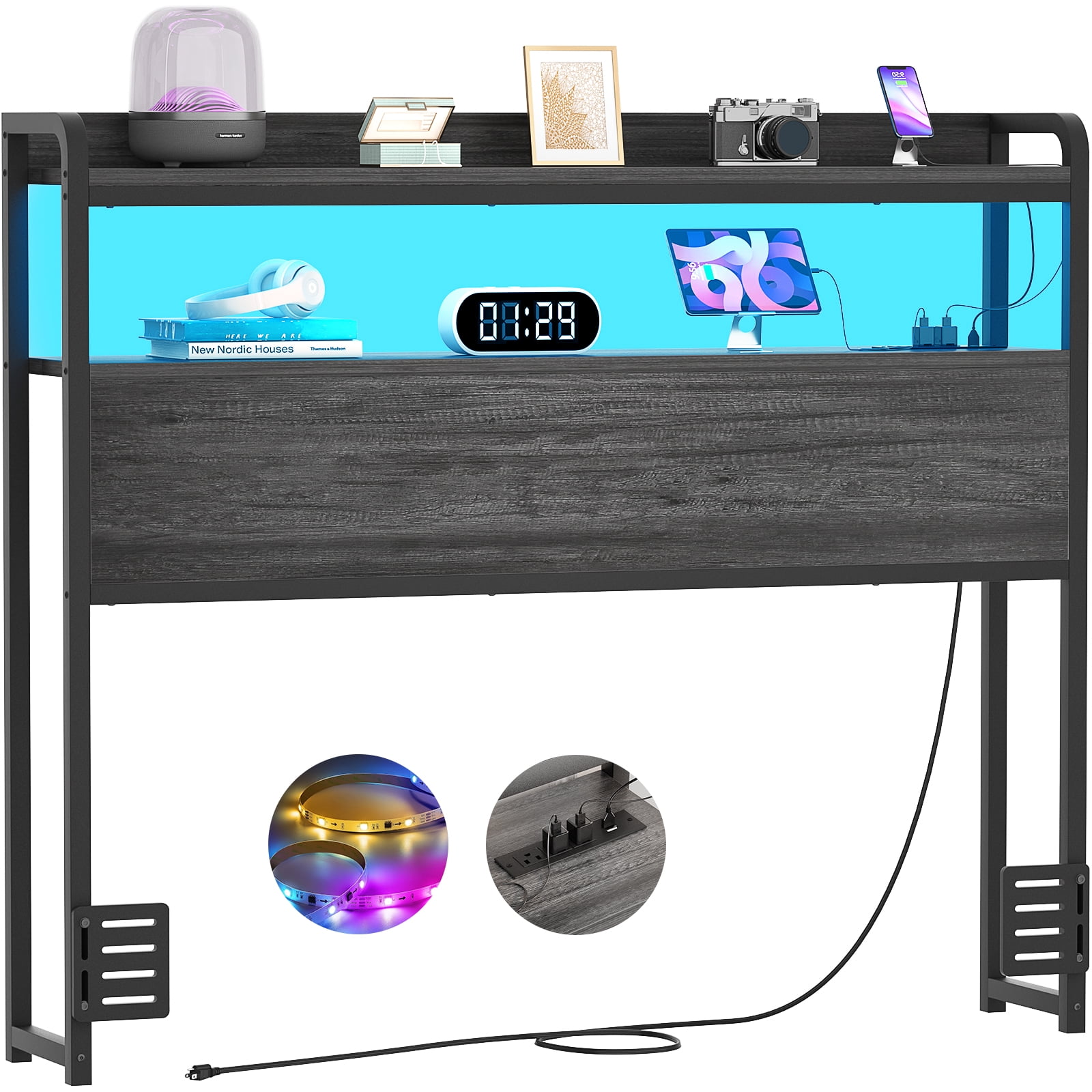 iSunrim Headboard for Twin Size Bed Frame, Headboard with Charging Station, USB Ports and LED Light, Headboard with Storage, Height Adjustable, Twin Size, Black Oak